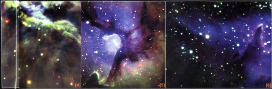 Области активного формирования звезд:
Район ''Трапеция'' в туманности Ориона (4), 
туманность М20 в созвездии Стрельца (5), 
и область молодых звезд в созвездии Скорпиона (6)